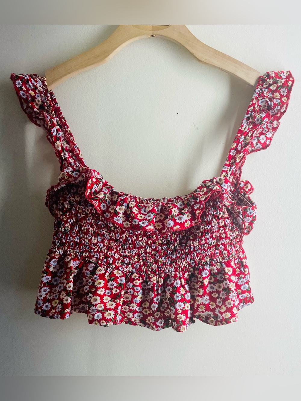 Natural Life Red Floral Smocked Ruffle Crop Top Cottagecore Boho XS/S